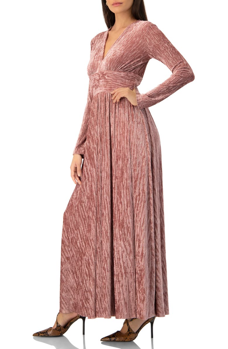 IVONNE Long Velvet Pleated V-Neck Dress, Alternate, color, Dark Pink