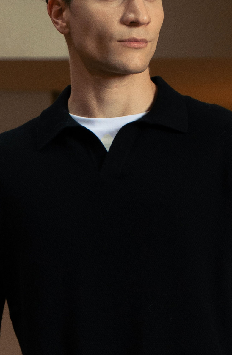 Italic Olivier Birdseye Cashmere Long Sleeve Polo, Alternate, color, Black