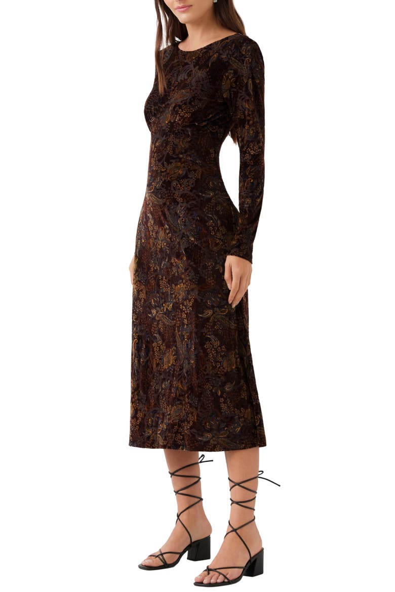 Velvet Burnout Midi Dress, Alternate, color, CHOCOLATE