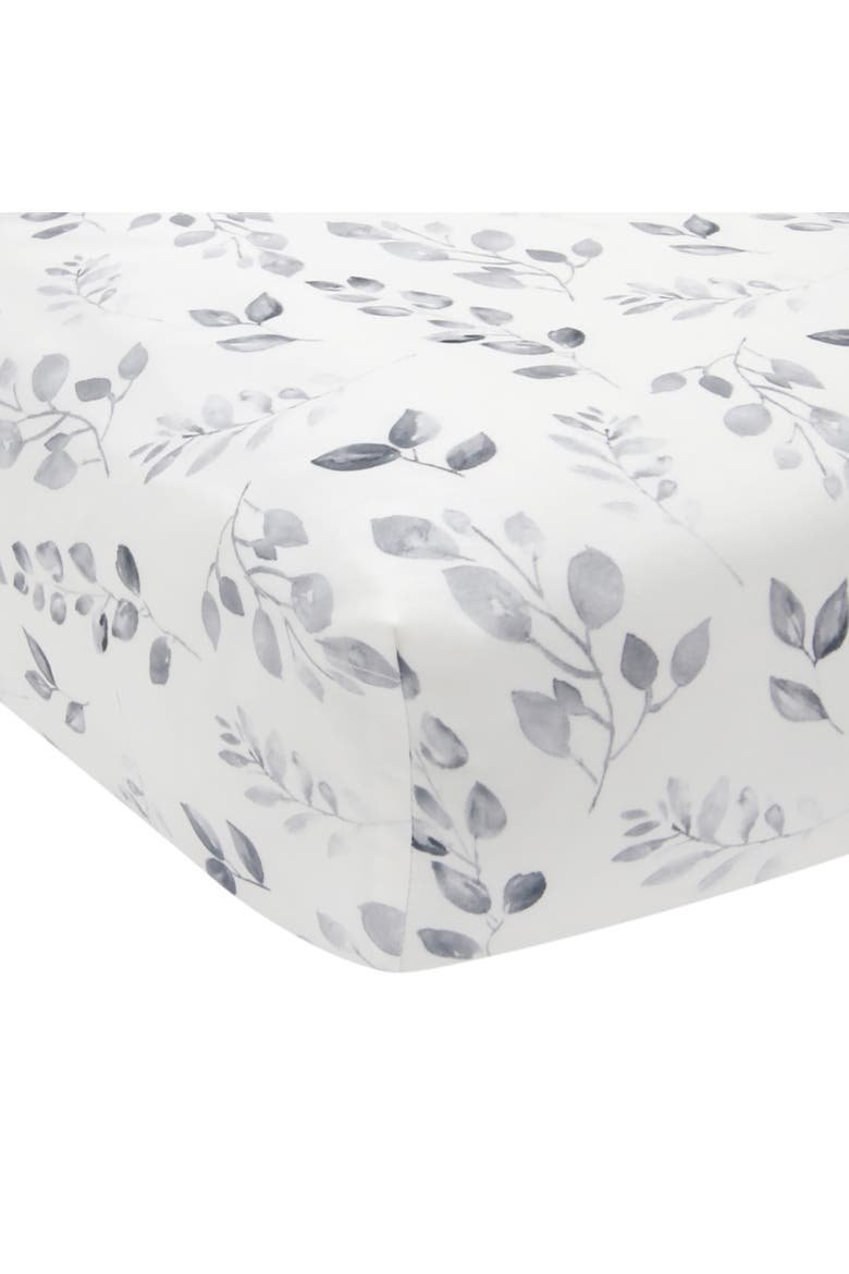 Painted Forest Watercolor Leaf Print Baby Fitted Crib Sheet, Main, color, Gray