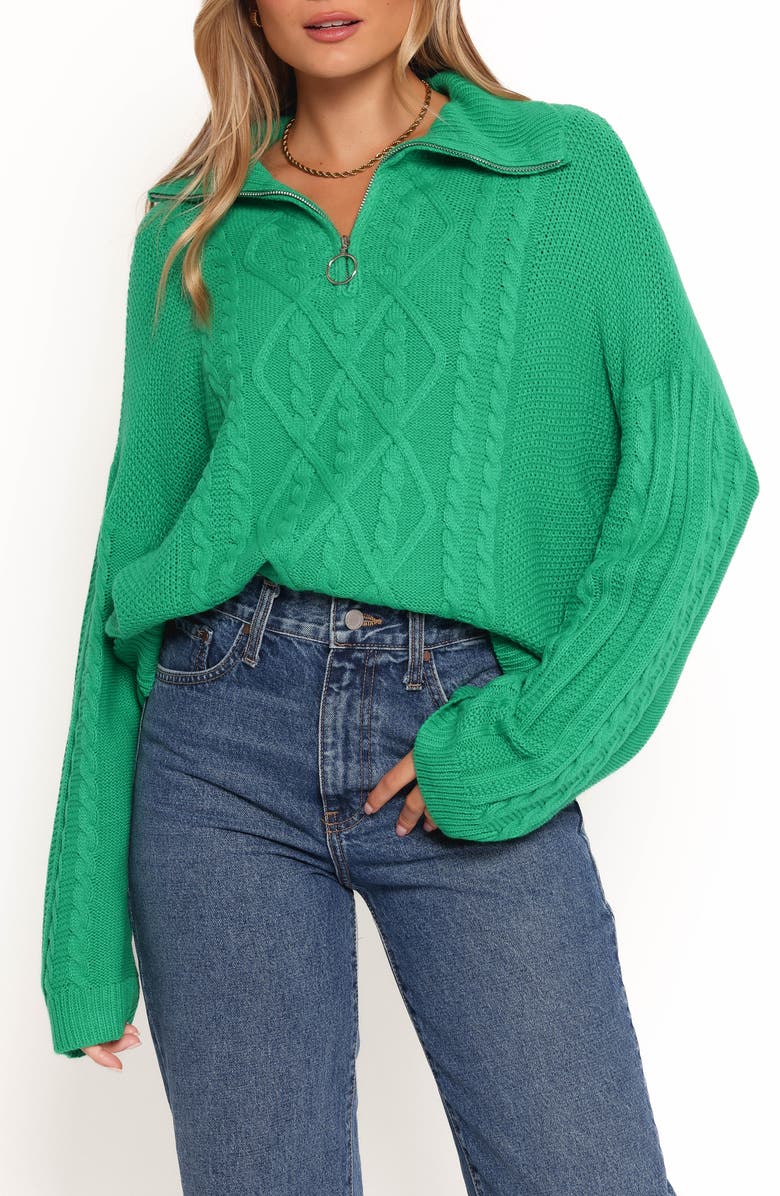 Petal & Pup Leon Oversize Cable Stitch Quarter Zip Sweater, Main, color, Green