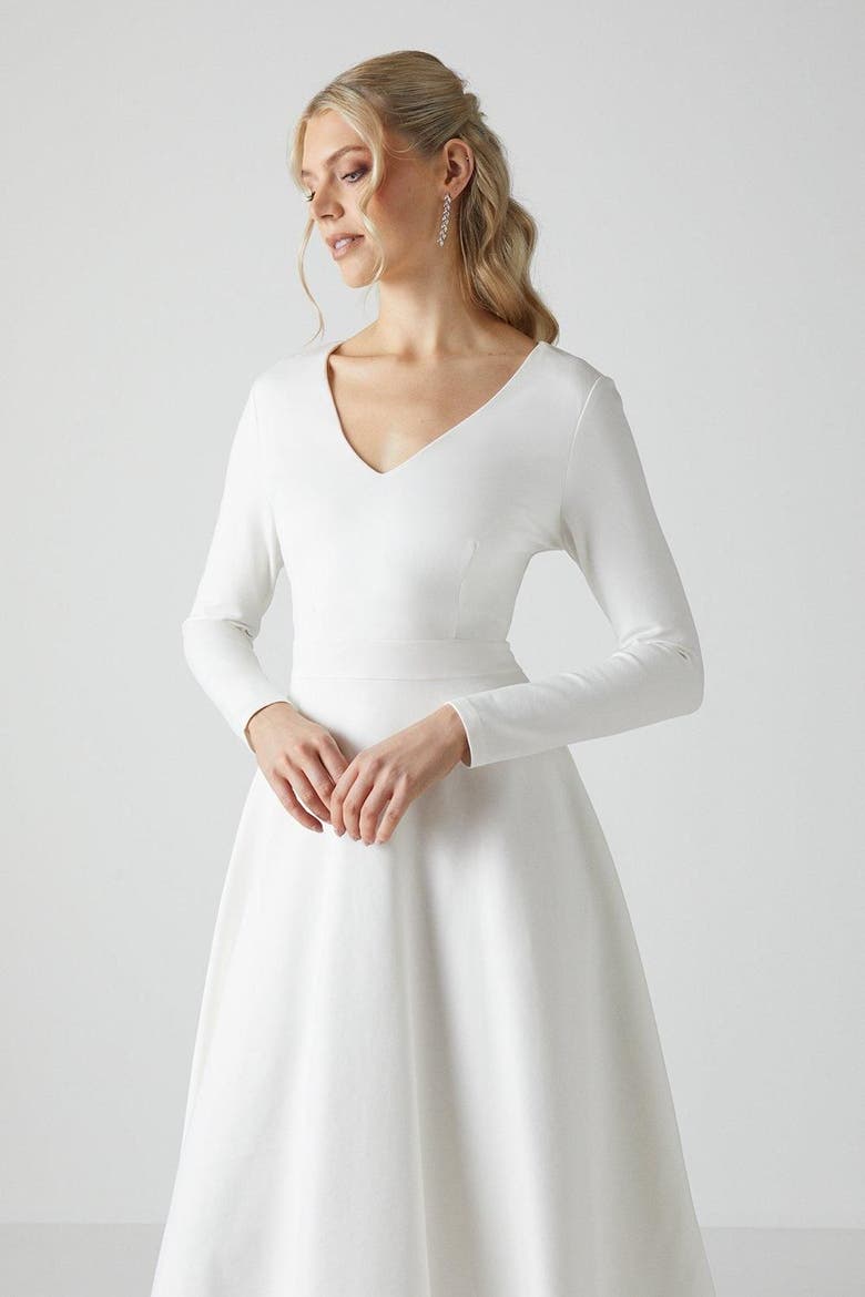 V Neck Full Skirt Midi Wedding, Alternate, color, Ivory