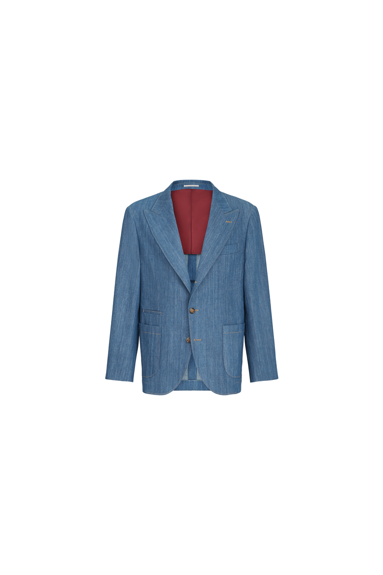 Lightweight denim deconstructed peak-lapel blazer with patch pockets, Alternate, color, Medium Denim