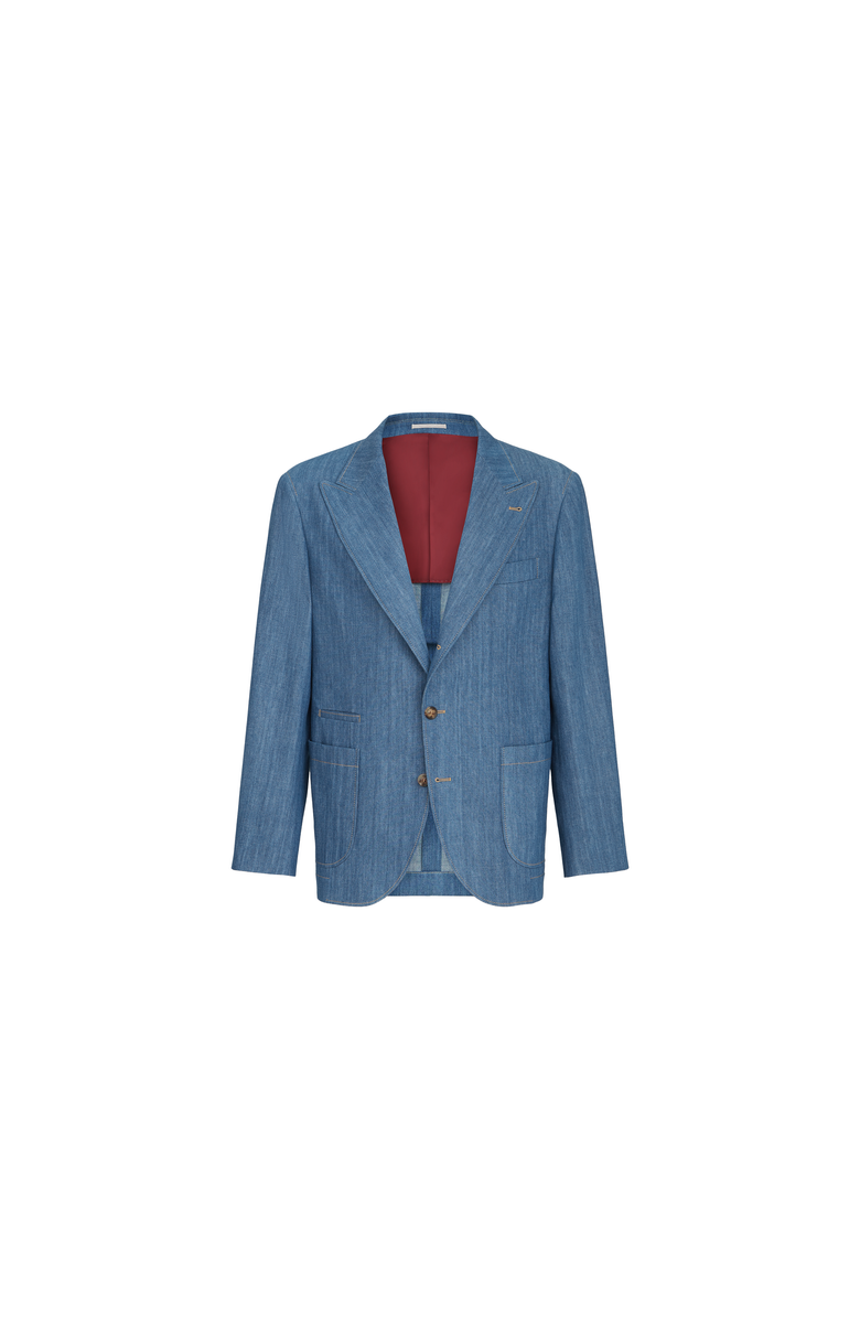Brunello Cucinelli Lightweight denim deconstructed peak-lapel blazer with patch pockets, Alternate, color, Medium Denim