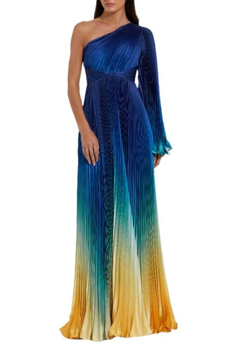 Pleated Charmeuse One-Shoulder Flare Sleeve Gown