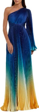 Mac Duggal Pleated Charmeuse One-Shoulder Flare Sleeve Gown