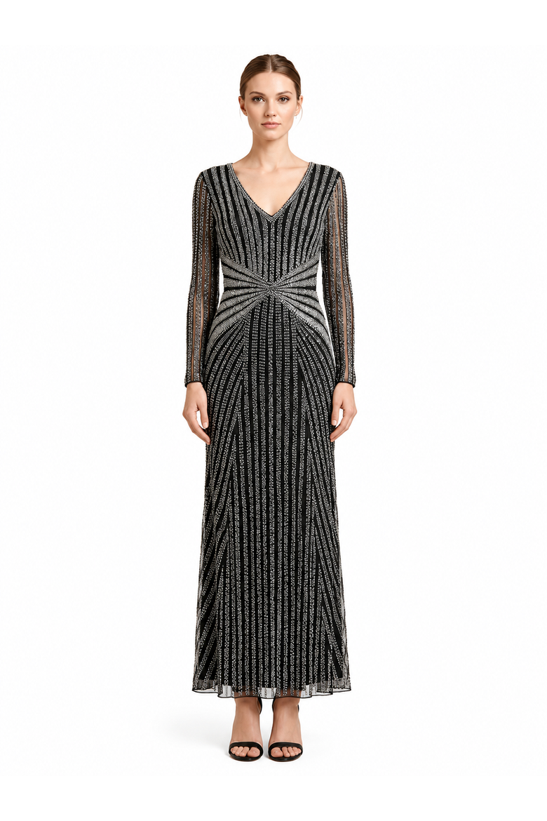 Long Sleeve Beaded Gown, Alternate, color, Black Silver