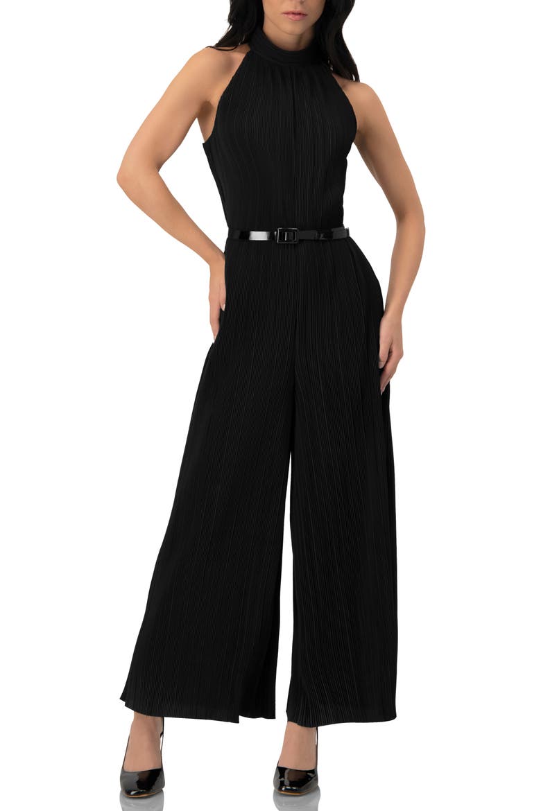 Pleated High-Neck Jumpsuit with Belt, Main, color, Black
