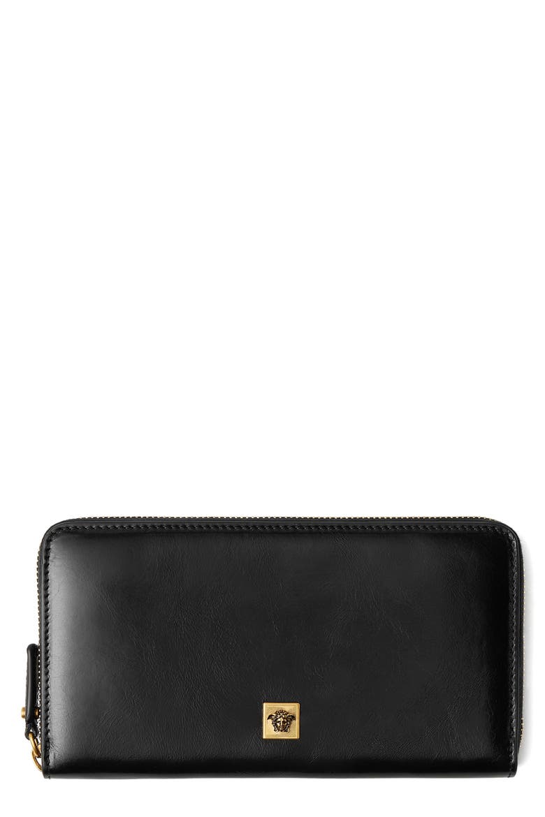 Medusa Leather Zip Around Wallet, Main, color, BLACK-GOLD