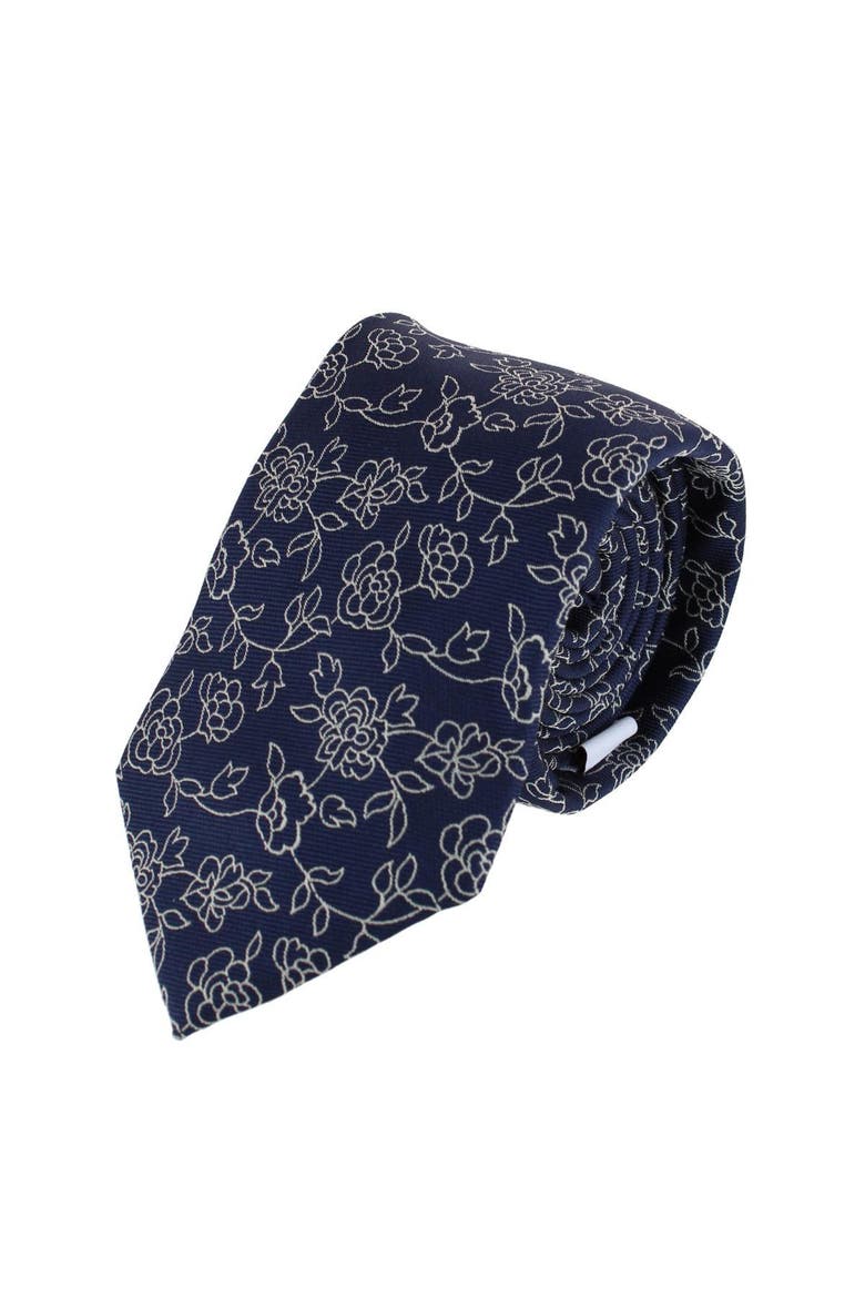 Floral Stencil Print Necktie, Main, color, Navy