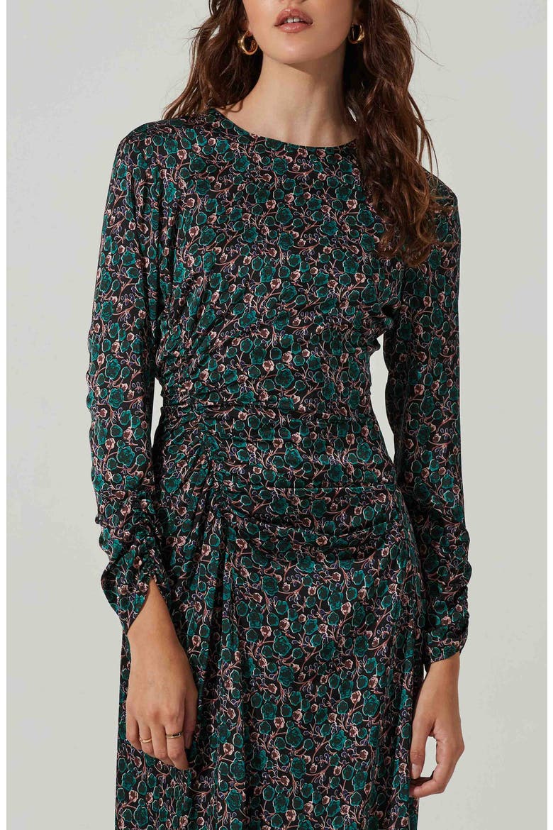 Ruched Long Sleeve Midi Dress, Alternate, color, BLK GRE FL