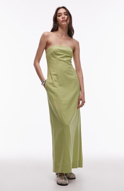 Topshop Linen Heavy Seamed Bandeau Midi Dress In Green