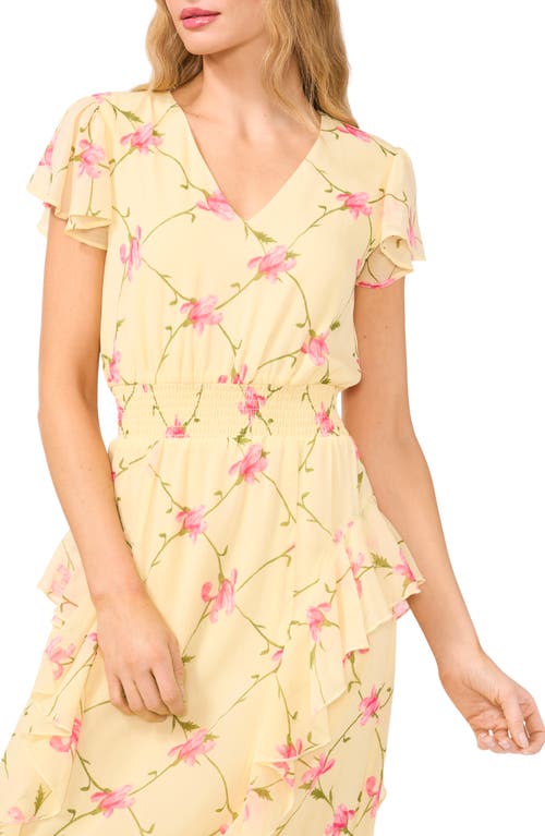 Cece Floral Flutter Sleeve Smock Waist Midi Dress In Lemon Drop