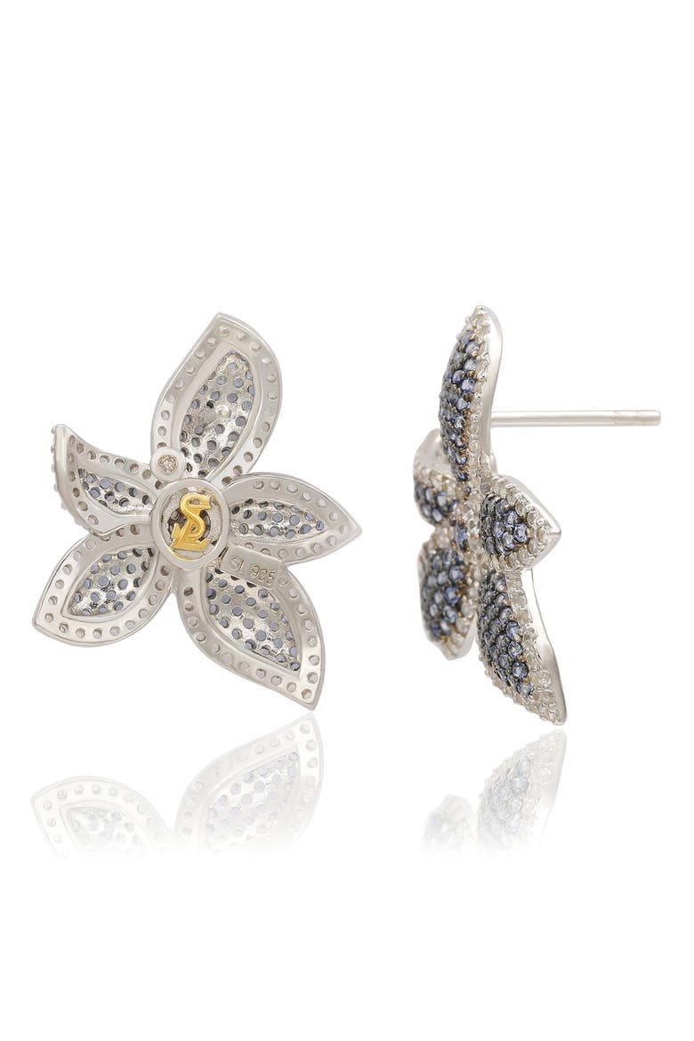Floral Sterling Silver White Sapphire Blue Sapphire Brown Diamond Stud Earrings, Alternate, color, BLUE