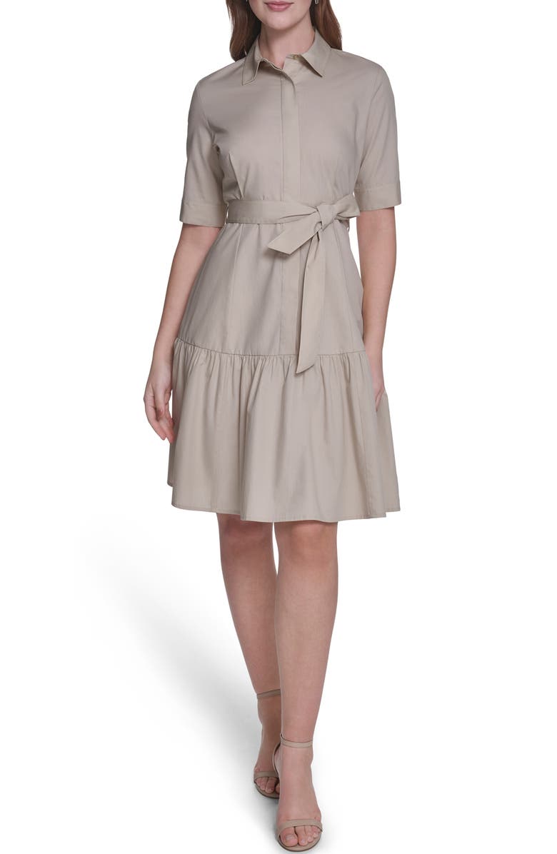 Calvin Klein Short Sleeve Cotton Shirtdress, Main, color, Khaki