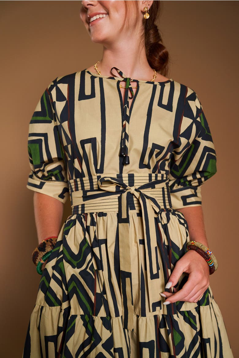 Printed Long Cotton Dress With Belt, Alternate, color, Sand / Black