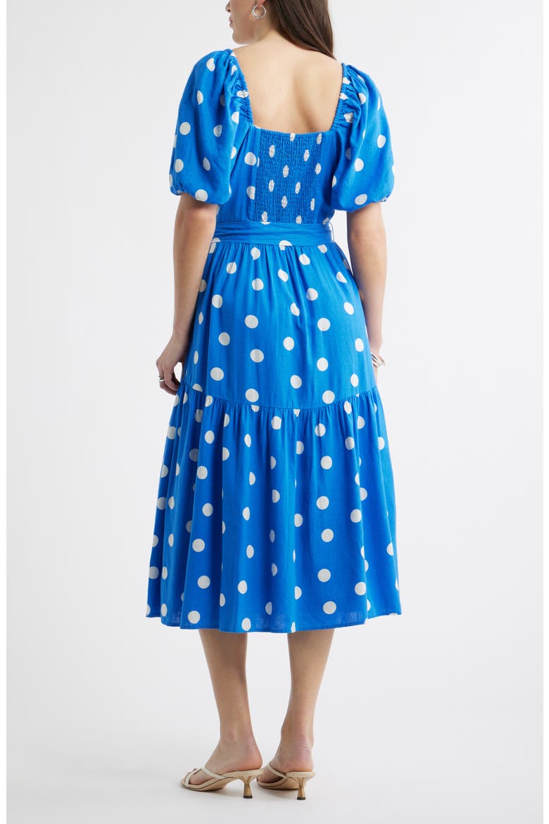 Puff Sleeve Linen Blend Midi Dress, Alternate, color, BLUE PALACE- IVORY TULLA DOT