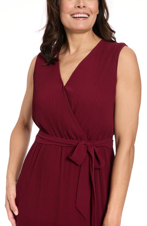 London Times Pleated Surplice Neck Midi Dress In Burgundy