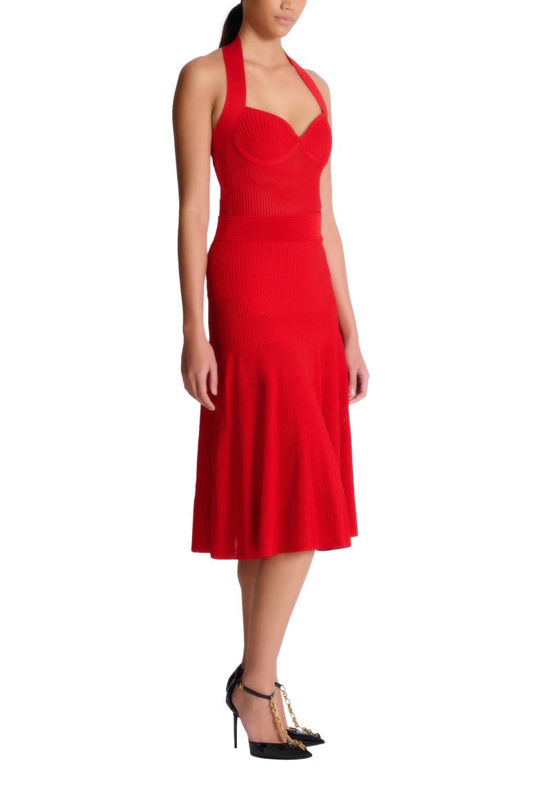 Halterneck pleated knit midi dress, Main, color, red