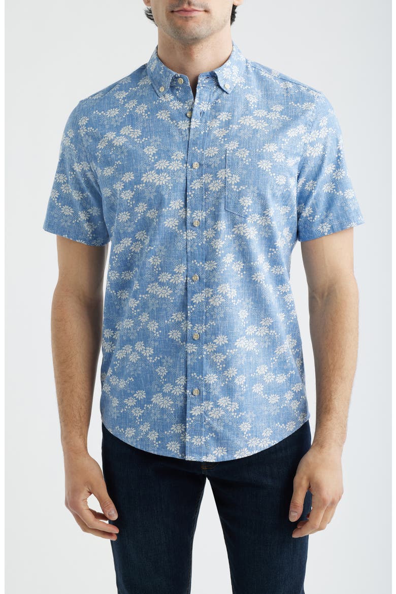 Kyoto Spring Floral Short Sleeve Cotton Blend Button-Down Shirt, Main, color, RIVIERA BLUE