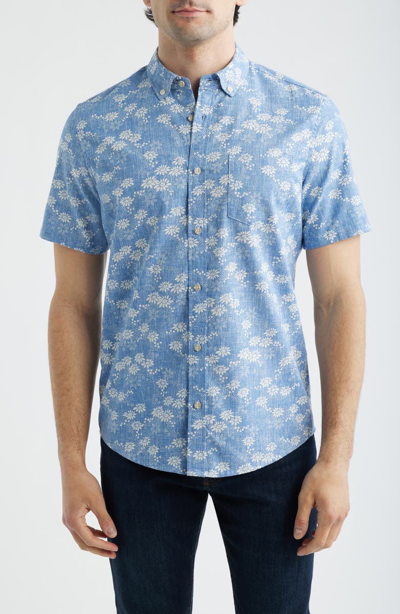 Reyn Spooner Kyoto Spring Floral Short Sleeve Cotton Blend Button-Down Shirt, Main, color, Riviera Blue