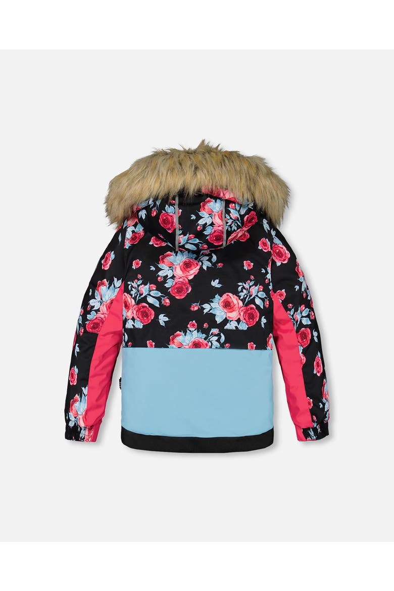 Girl's Two Piece Snowsuit Printed Roses With Solid Pant Black, Alternate, color, Anthracite