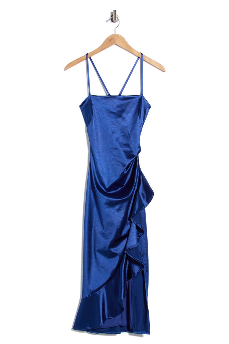 Square Neck Side Ruffle Satin Midi Dress, Alternate, color, MIDNIGHT