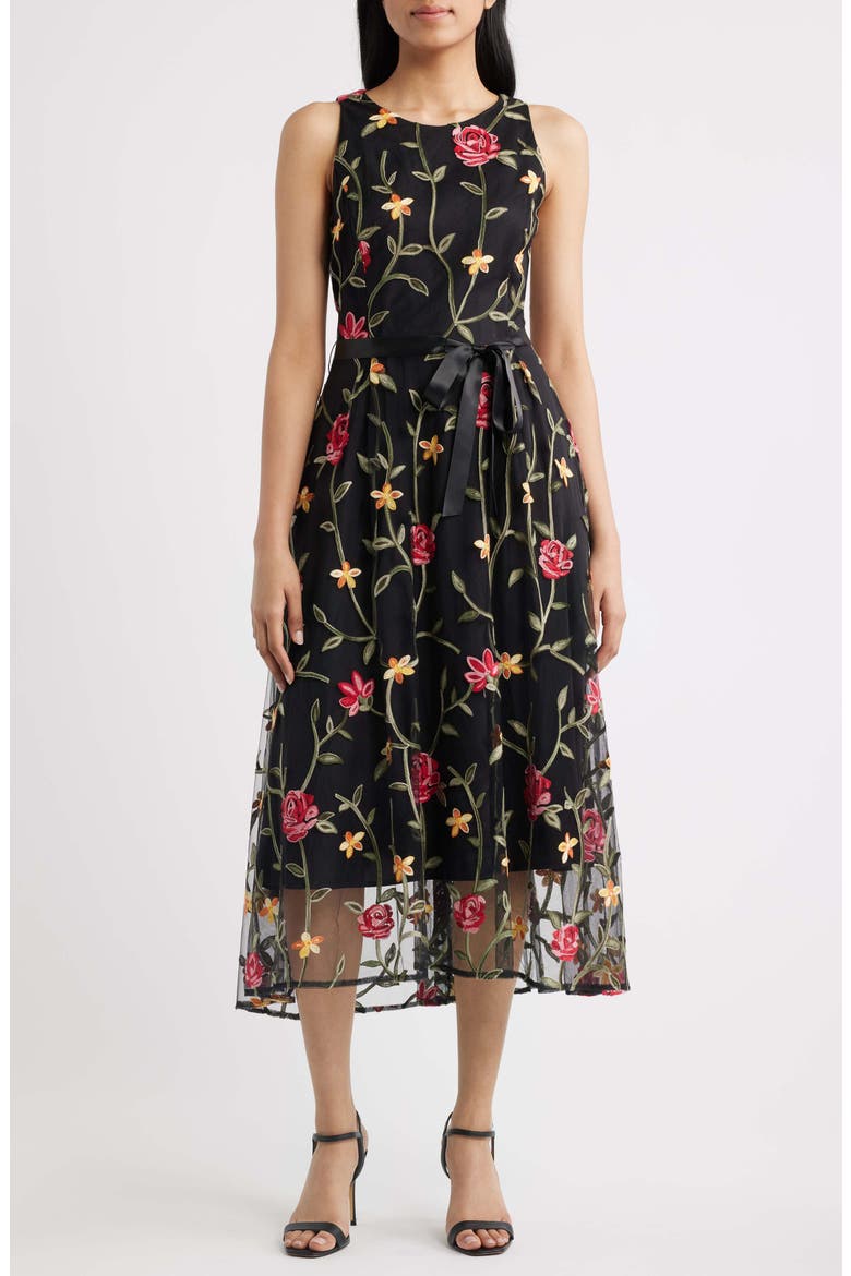 Floral Embroidered Sleeveless Midi Dress, Main, color, BLACK MULTI