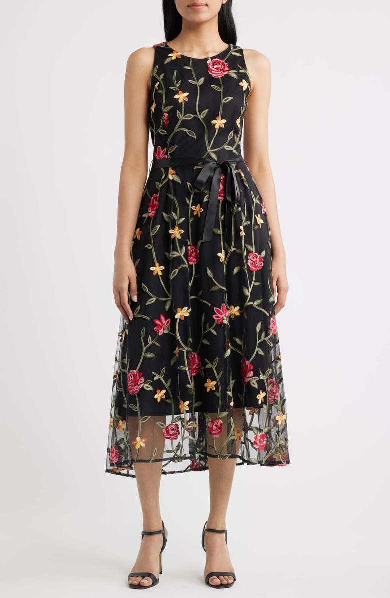 Tahari ASL Floral Embroidered Sleeveless Midi Dress, Main, color, Black Multi