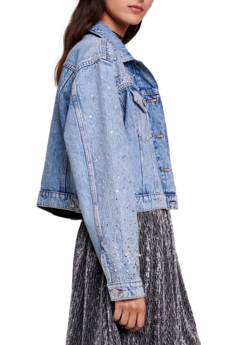 maje Rhinestone Studded Denim Trucker Jacket, Alternate, color, 