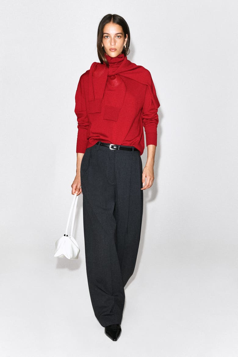 Leather-Patch Merino Wool Mock-Neck Sweater, Alternate, color, RED
