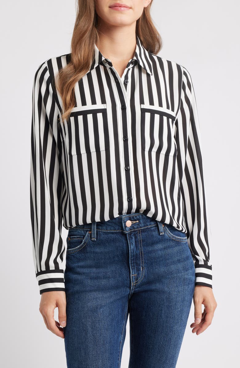KASPER Stripe Button-Up Shirt, Main, color, Black/ Vanilla Ice