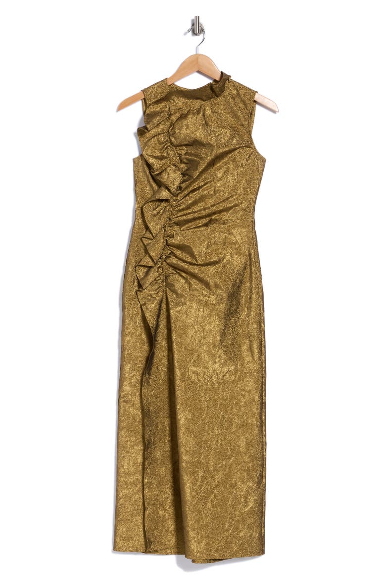 Demetria Ruched Sleeveless Midi Dress, Main, color, GOLD LEAF
