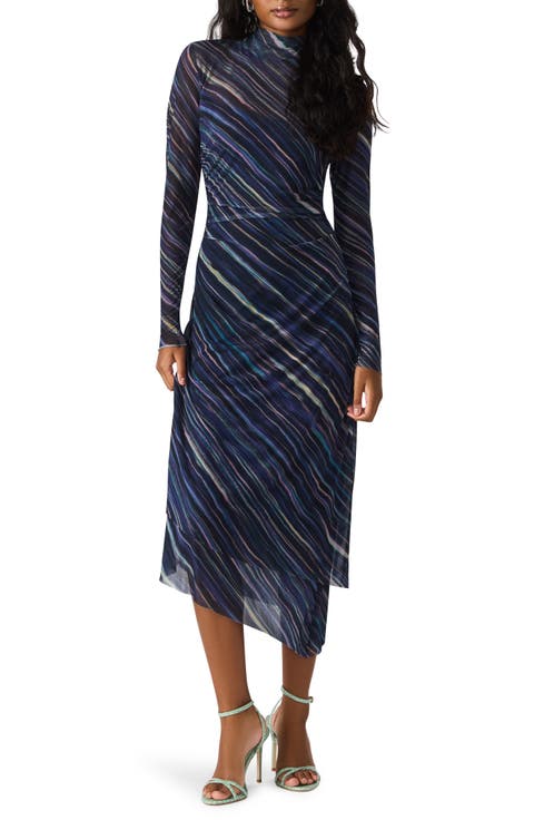 Blare Stripe Long Sleeve Mesh Midi Dress