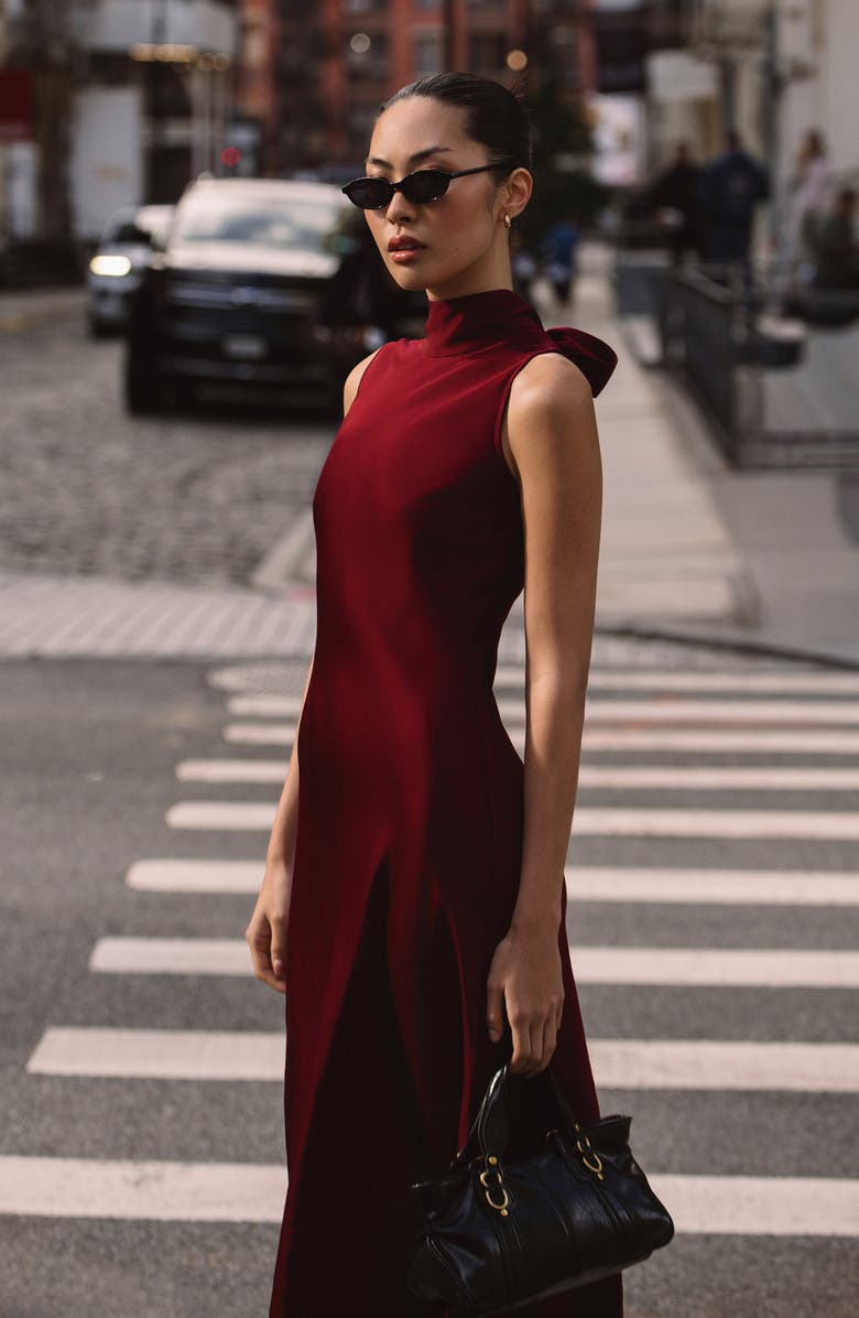 French Connection Ennis Bow Back Sleeveless Satin Maxi Dress, Alternate, color, 50-Cabernet