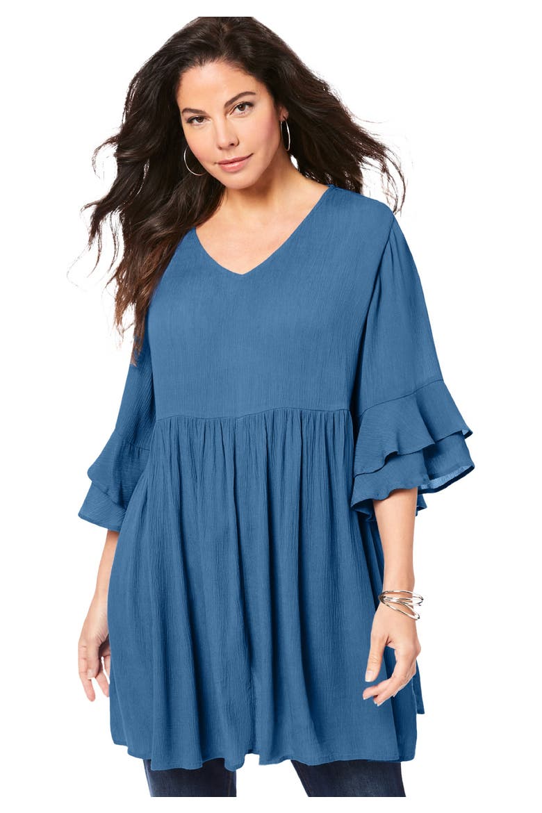 Hand Crinkled Flutter Sleeve Tunic, Main, color, DUSTY INDIGO