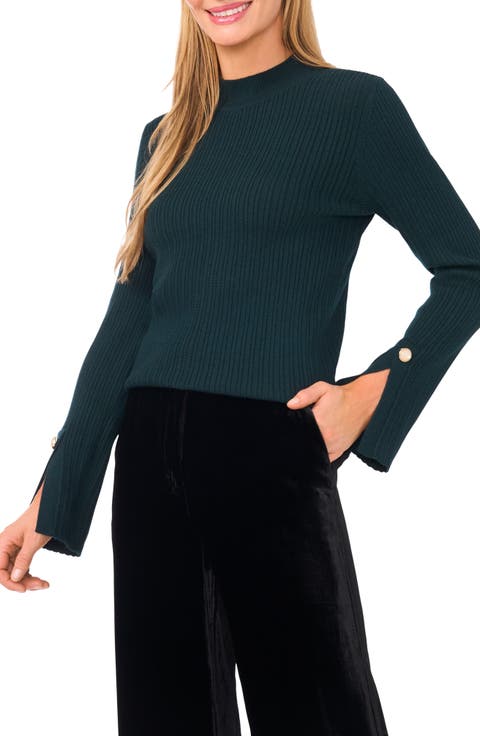 Mock Neck Split Cuff Ribbed Sweater