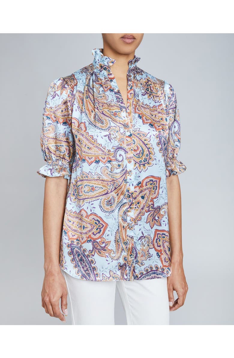 Santorelli ELISA Ruffle Neck Short Sleeve Blouse in Printed Silk Charmeuse, Alternate, color,