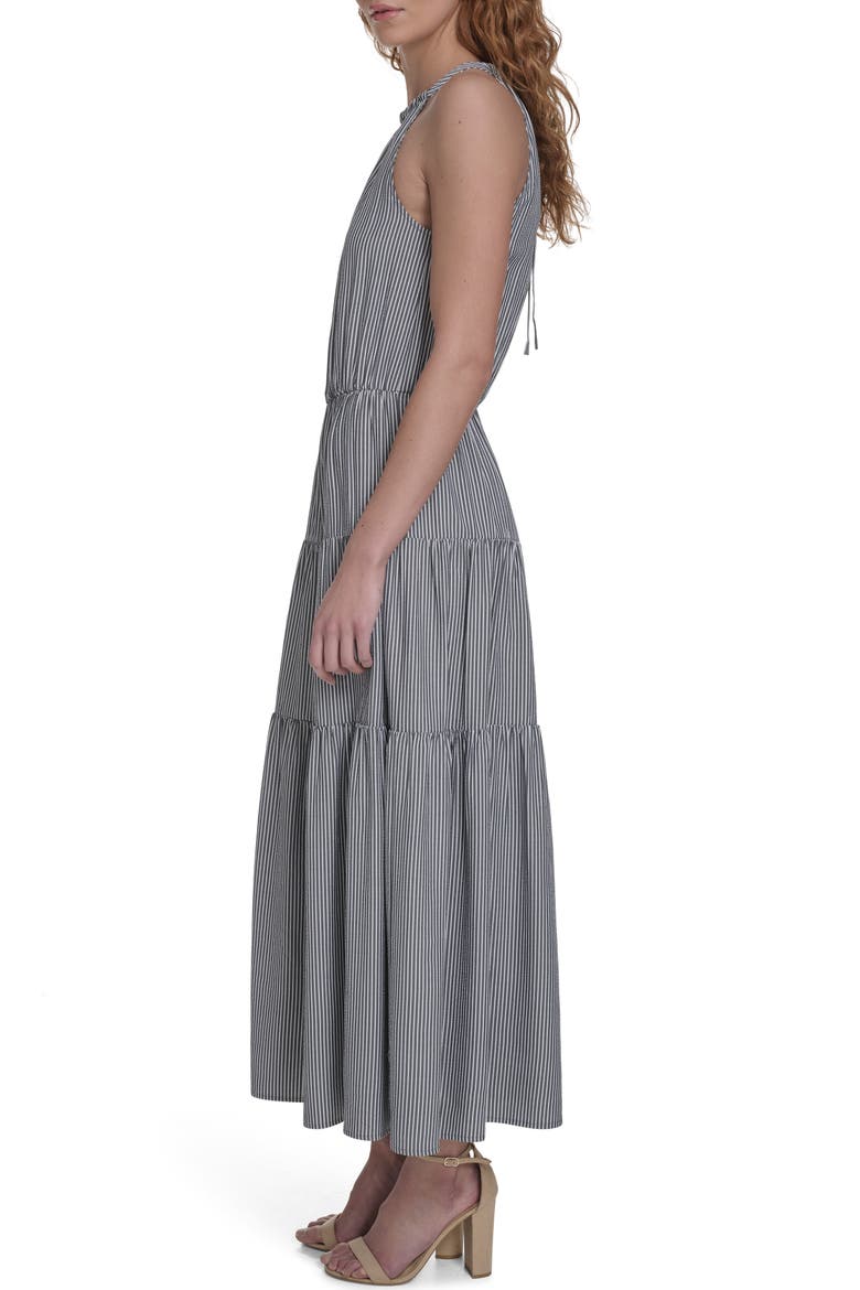 Tie Neck Tiered Maxi Dress, Alternate, color, SKY CAPTAIN / BRIGHT WHITE
