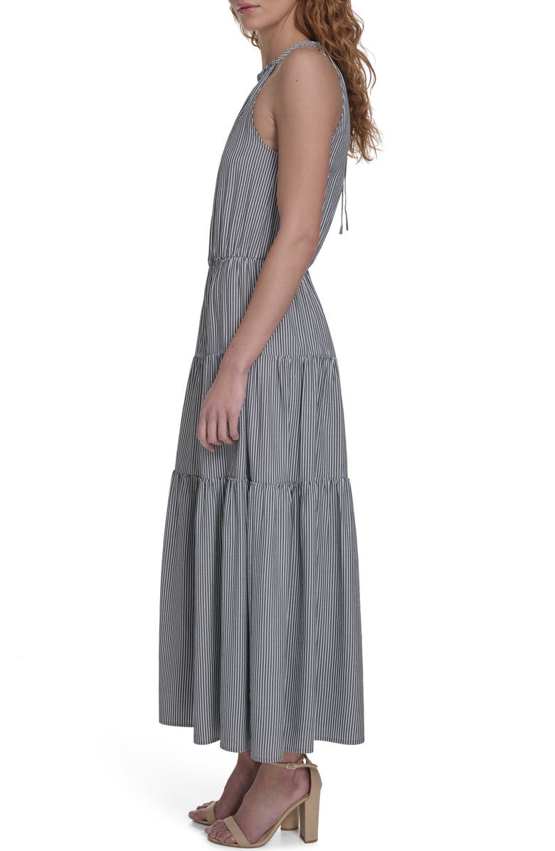 Tommy Hilfiger Tie Neck Tiered Maxi Dress, Alternate, color, Sky Captain / Bright White