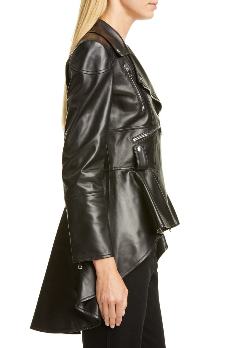 Alexander McQueen Peplum Leather Biker Jacket, Alternate, color, BLACK
