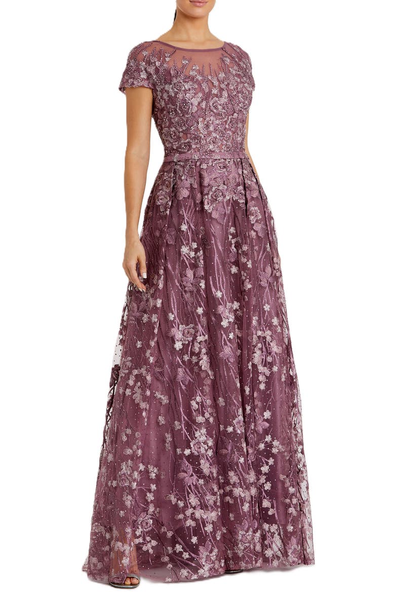 Mac Duggal Embellished Floral Cap Sleeve A Line Gown, Main, color, Wisteria