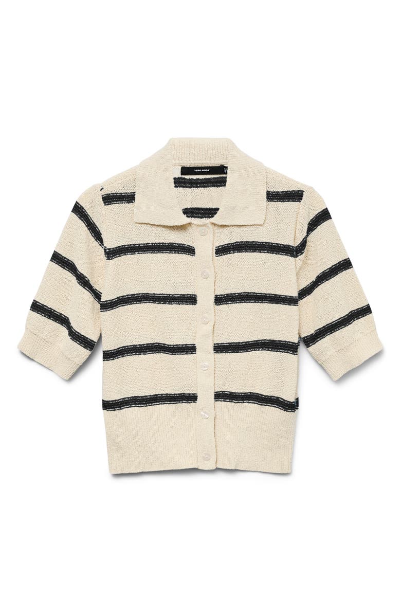 VERO MODA Cherry Stripe Short Sleeve Polo Cardigan, Main, color, Birch Detail W/Black