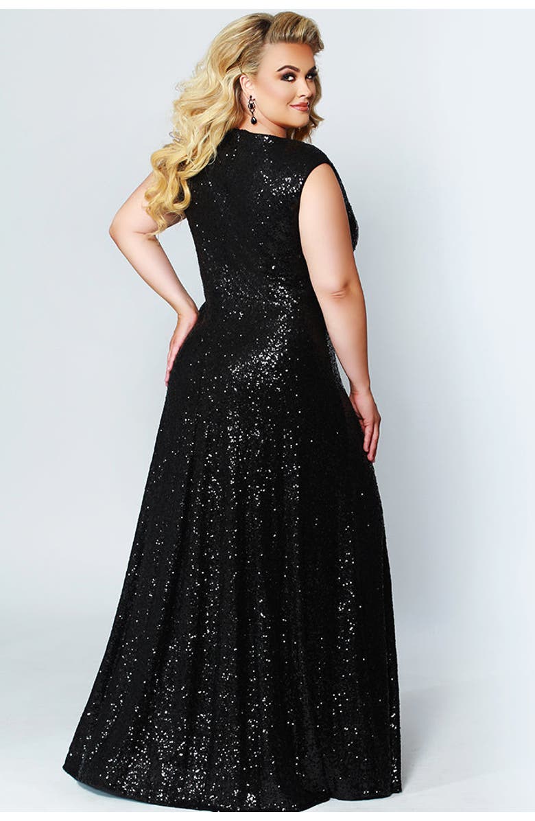 Celebrations by Sydney's Closet V-Neck Plus Size Sleeveless Sequin Maxi Dress, Alternate, color, Black