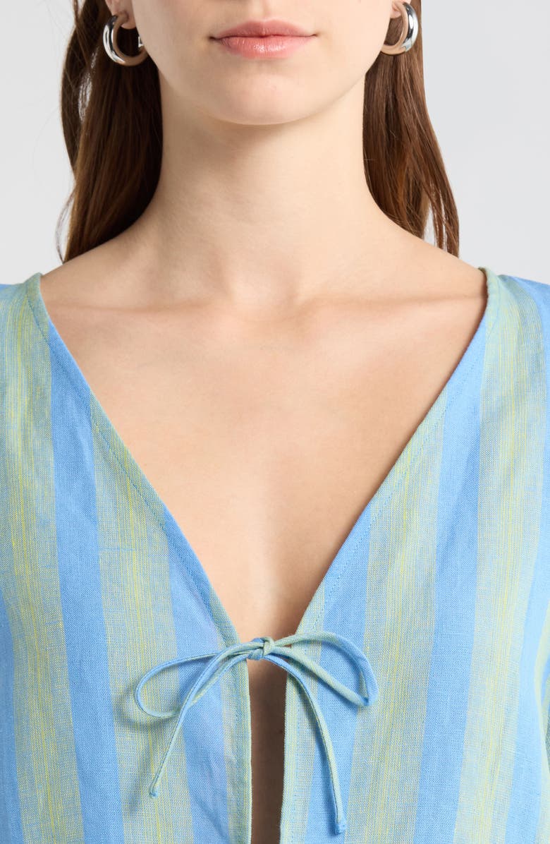 STAUD Ava Stripe Tie Front Linen Top, Alternate, color, Seaport