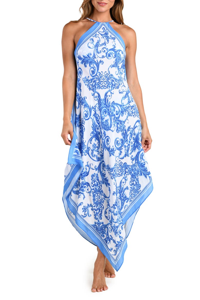 Elise Halter Neck Handkerchief Midi Dress, Main, color, BLUE/WHITE