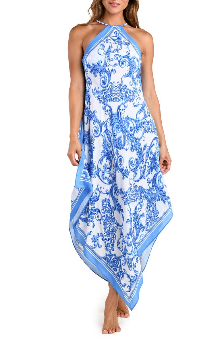 L'AGENCE Elise Halter Neck Handkerchief Midi Dress, Main, color, Blue/White