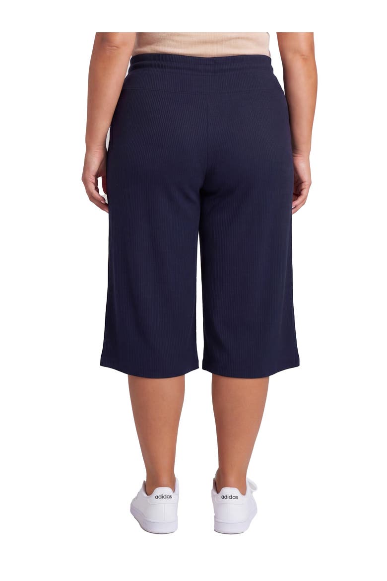 Curvy Basic Ribbed Knit Drawstring Flared Capri Pants, Alternate, color, Navy