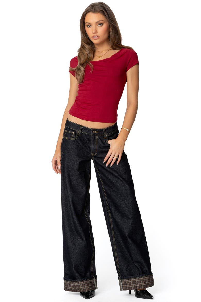 Plaid Cuff Wide Leg Jeans, Alternate, color, BLUE