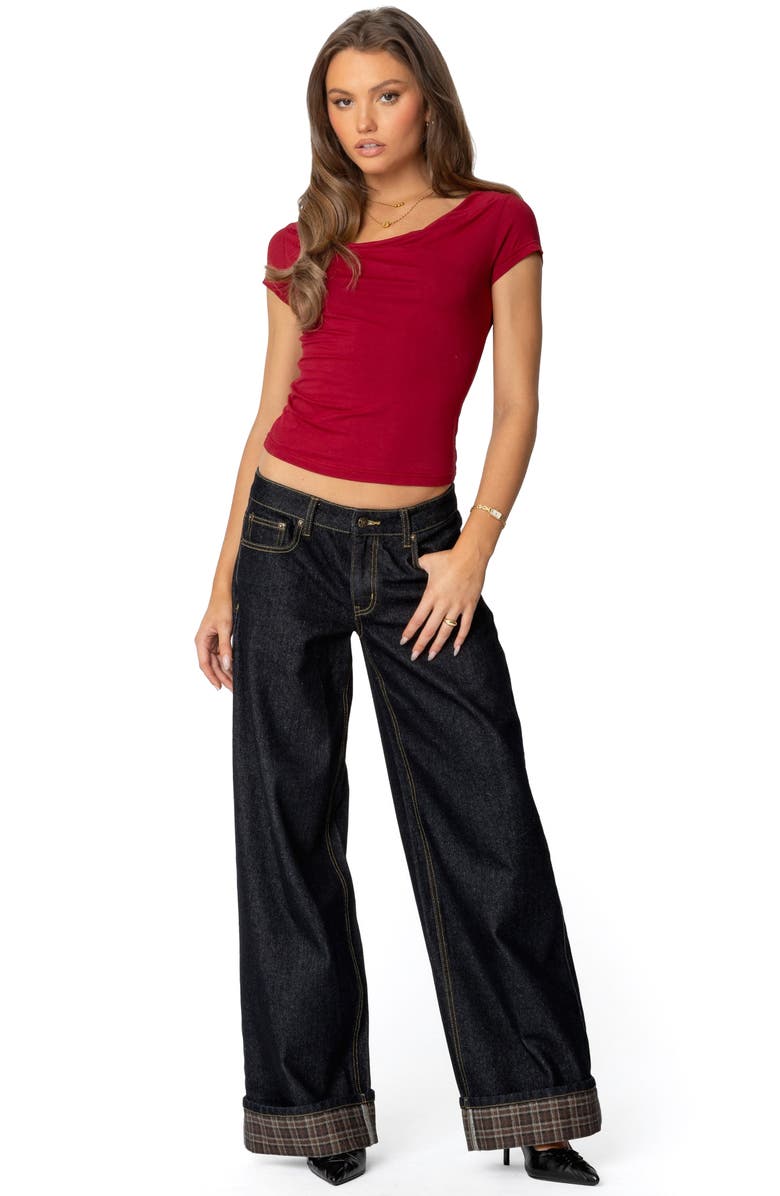 EDIKTED Plaid Cuff Wide Leg Jeans, Alternate, color, Blue